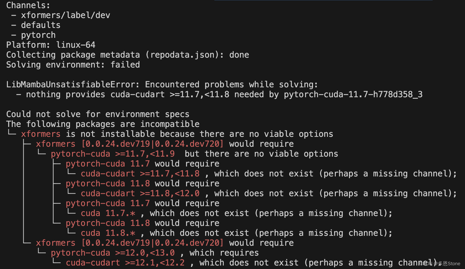 ubuntu 中用 conda install xformers 报错包不匹配【Could not solve for environment specs The following package】