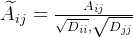 \widetilde{A}_{ij}=\frac{A_{ij}}{\sqrt{D_{ii}},\sqrt{D_{jj}}}